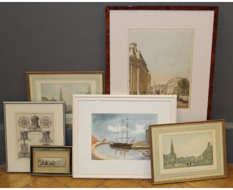 Assorted pictures, to include a lithograph of Whitehall, a Ray Bell watercolour of a ship, a plate from a maritime book depic