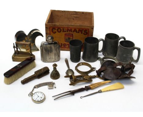 A collectors lot to include spurs, pewter tankards, pocket watch, tea infuser, flat iron and vintage Cacharel perfume flask i