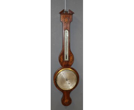 A Pozzi, Aberdeen, an early 19th century mahogany, boxwood inlaid and strung two function wheel barometer, 98cm