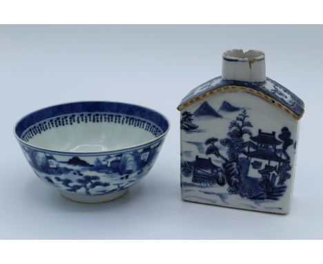A 19th century Chinese blue and white bowl, decorated with pagodas and figures in a landscape. Four character Kangxi mark, 5.