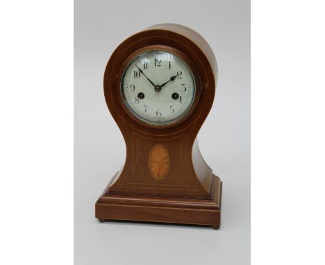 An Edwardian mahogany, inlaid and strung balloon case mantle clock with enamel Arabic dial and gong striking movement. 35cm