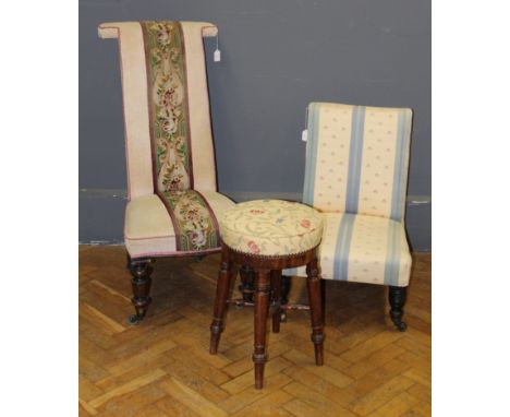 A Victorian pre dieu with gros point tapestry upholstery, together with an Edwardian mahogany piano stool with fixed circular