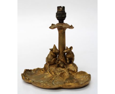 Louis Hingre ( French 1832-1911) A cast gilt bronze table lamp base, modelled with a family of mice around lily pads. Signed 