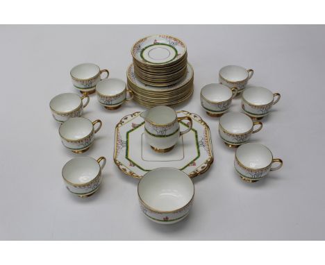 A 1930's Carlton China Orange Tree tea service. Comprising ten cups, twelve saucers, eleven tea plates, two cake plates, suga