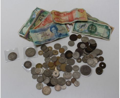 Fourteen Trinidad and Tobago bank notes, Jamaican and Caribbean coins, 1933 Dutch Guilder Wilhelmina 1964 2 1/2 Guilder Julia