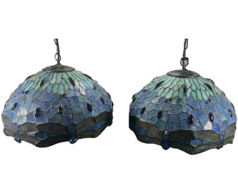 A pair of Tiffany style blue and green dragonfly “leaded” glass ceiling light shades, 43cm diameter