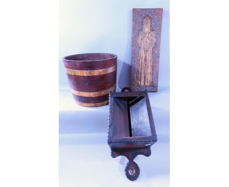 A Victorian wooden collection box, an oak brass banded tub, a brass rubbing plank.