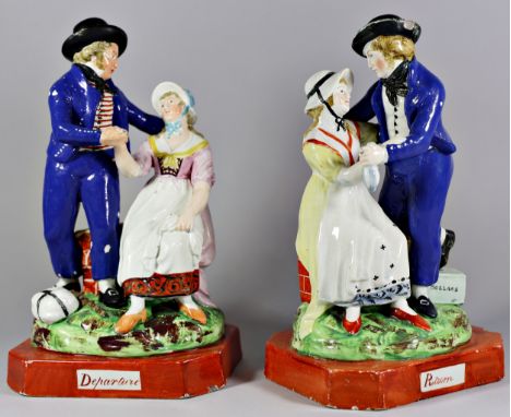 A pair of early 19th century Staffordshire groups - sailors departure and return, 24cm high