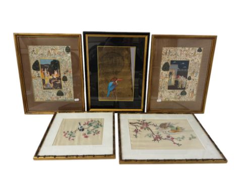 A group of 20th century Asian artworks, to include: A pair of Mughal style paintings depicting figurative scenes and stories,