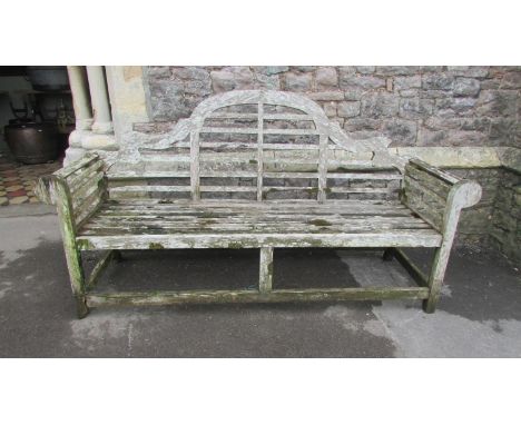 A weathered teak Lutyens style bench 197cm (af) 