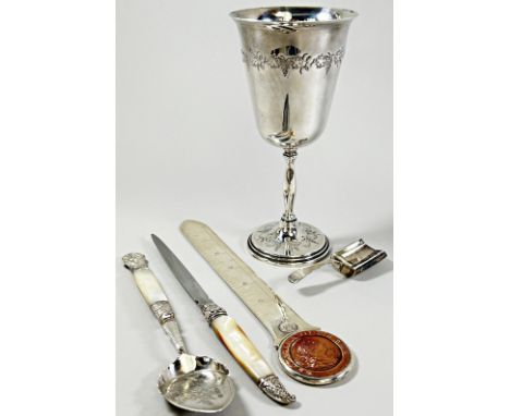 A Victorian style silver goblet, Birmingham 1972, maker Frank Hawker, a silver paper knife with a six inch rule and copper Ge