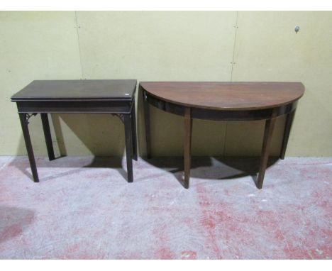 A Georgian mahogany fold over card table and 19th century demi lune side table 