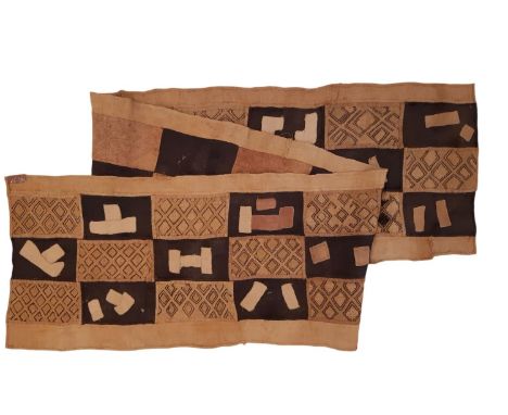 An African Kuba runner composed in traditional style with geometric patterns created using cut pile, stitches and applique on