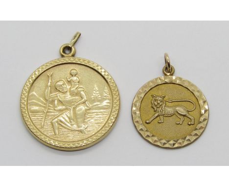 Two vintage 9ct circular pendants with bright-cut detail; a St Christopher example and a Leo zodiac example, 6.3g total