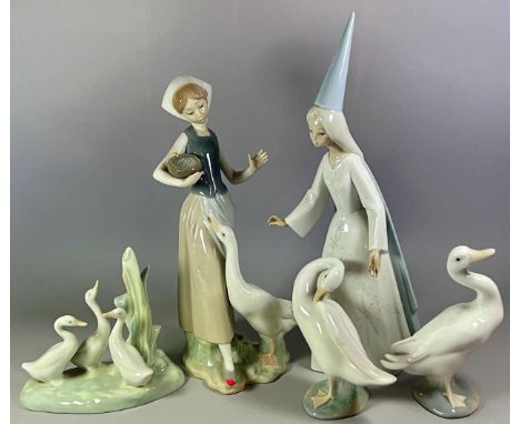 A collection of Lladro figure groups to include a girl with  goose, a further girl with pointed hat, a puppy, a girl bathing 