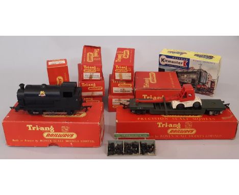 A collection of Triang 00 gauge models including R153 0-6-0 Saddle Tank Locomotive, R213 Bogie Well Wagon with Crane Load, si