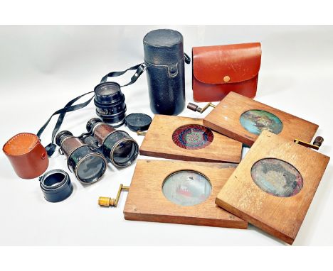 A Thornton Pickard wood cased vintage camera, together with five rack &amp; pinion magic lantern slides, a 9” Dillon Telephot