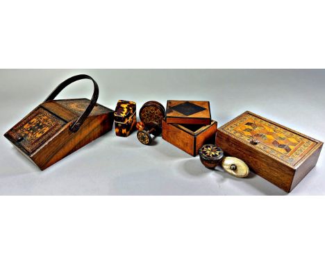 A collection of Tunbridge ware to include a sewing box, tumbling cube, decorated box, pin boxes, tortoiseshell thimble box, e