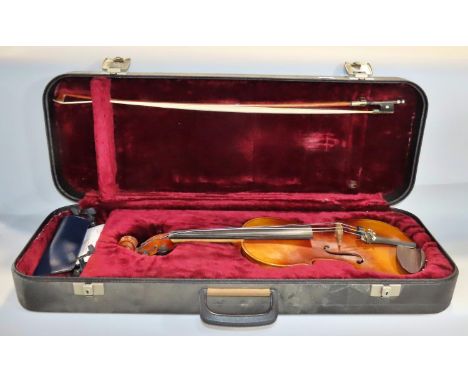 A violin without any maker’s label, 59cm overall, 36cm back, with an unmarked bow in a hard plastic case.