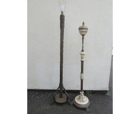 Two lamp standards - one Chinese hardwood example, the other ceramic telescopic model