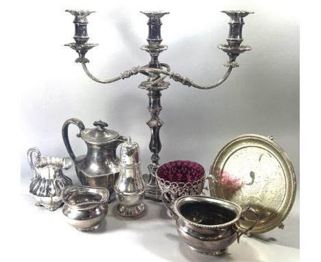 A miscellaneous collection of silver plate to include a large silver plated spirit kettle and stand, gravy boats, tureens, kn