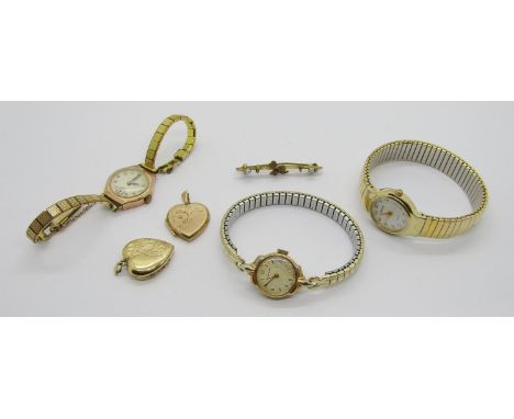 Group of jewellery to include a 9ct heart shaped locket, 3.3g, plus a further rolled gold example, a 1930s 9ct watch upon pla