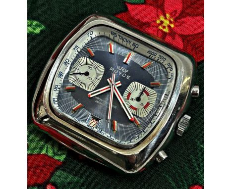 A gentleman’s 1970’s Royce Tachymeter Chronograph wristwatch, the graded blue dial with orange batons, 40mm case, on a blue N