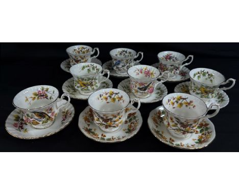 Royal Albert Woodland series teacups and saucers with various bird detail (9) 