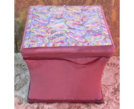 A Victorian upholstered sarcophagus shaped box stool/ottoman with tapestry top and bun feet, 45 cm high x 48 cm square