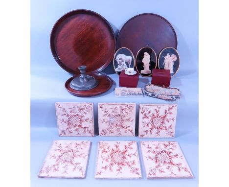 Three mahogany trays, six ceramic leafy tiles, pewter candlestick, a Victorian style purse, three oval framed classical scene