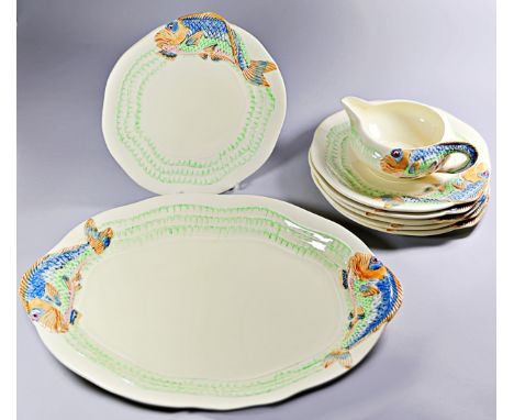 A Clarice Cliff 'Leaping Fish' pattern fish service, comprising 38cm serving dish, six 21cm plates and a sauce boat