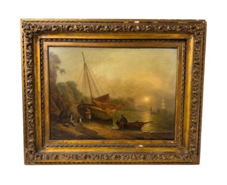 British School 18th/19th Century - Beach scene with fishermen, unsigned, oil on canvas, with label inscribed 'Pollitzer, fish