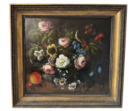 A c.19th century still life bouquet of flowers and fruit, unsigned, oil on canvas, 46 x 52 cm, framed