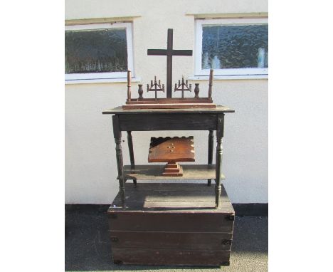 A tramp art altar piece, a pine side table on turned supports, a lectern, an illuminated cabinet and pine box