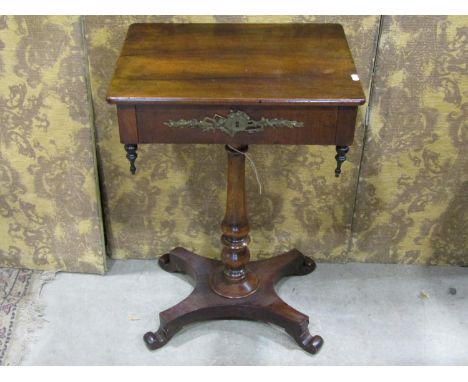 A 19th century pedestal table with frieze drawer, turned pillar and scrolled feet, 72cm high x 50cm x 39cm