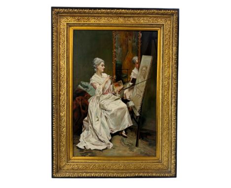 Vindevogel - Portrait of a 19th century lady painting at her easel, signed 'Vindevogel...' lower right, oil on canvas, 61 x 9