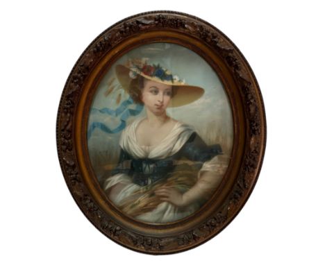 19th Century French School - Portrait of a woman in straw hat standing in a wheat field (possibly depicting one of the season