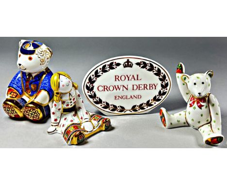 A collection of Royal Crown Derby toy figures to include 'School Boy Bear' with gold stopper and a Treasures of Childhood 'Fl