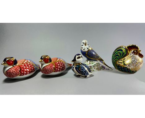 Five Royal Crown Derby figures to include Cockerill, Budgie, and Duck all with gold stoppers and two Pheasants, one with gold