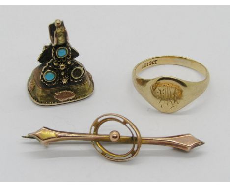 Group of antique jewellery comprising a Georgian yellow metal seal fob with amethyst seal and small turquoise cabochons (one 