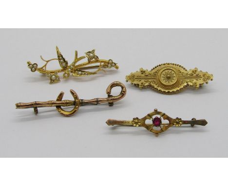 Group of four antique gold bar brooches comprising a 15ct swallow example set with seed pearls (one vacant), maker 'T&amp;S',