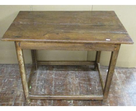 A simple antique oak side table with plank top on square supports, 64H x 86L x 54D