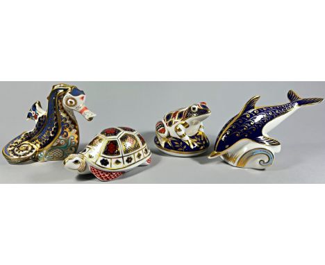 A collection of Royal Crown Derby Imari figures comprising a Dolphin and a Seahorse with gold stoppers, a Turtle with silver 