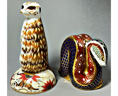 A Royal Crown Derby Imari Meerkat with gold stopper and a Snake with silver stopper 