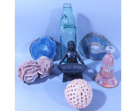 A cross section specimen quartz crystal, further crystal, a bronze statue of Egyptian servant, a sand scene, a rope twist bal