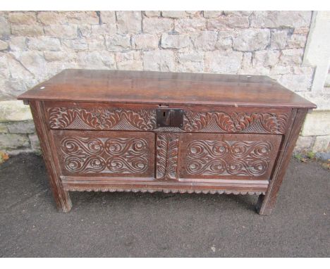 18th century oak coffer with geometrically carved front and sides, 68H x 128L x 57D