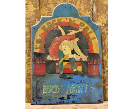 A vintage wooden sign of stepped and moulded arched form, hand painted advertising 50's rock and roll party nights, 122 cm x 
