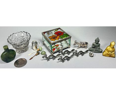 Four Asian silver metal dragons with stamps to a foot, 6.5cm, a silver metal water buffalo, together with a Chines scent bott