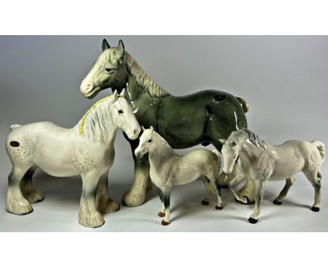Three ceramic models of horses by Beswick to include Welsh Mountain, etc and a further grey example by Trentham Art Ware, the