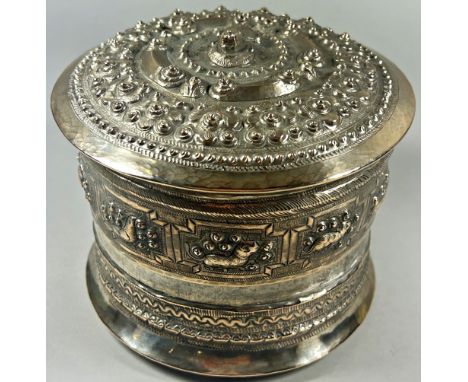 A Thai silver Betel Box, richly decorated with animals 11cm high 15cm wide, 13.9 oz